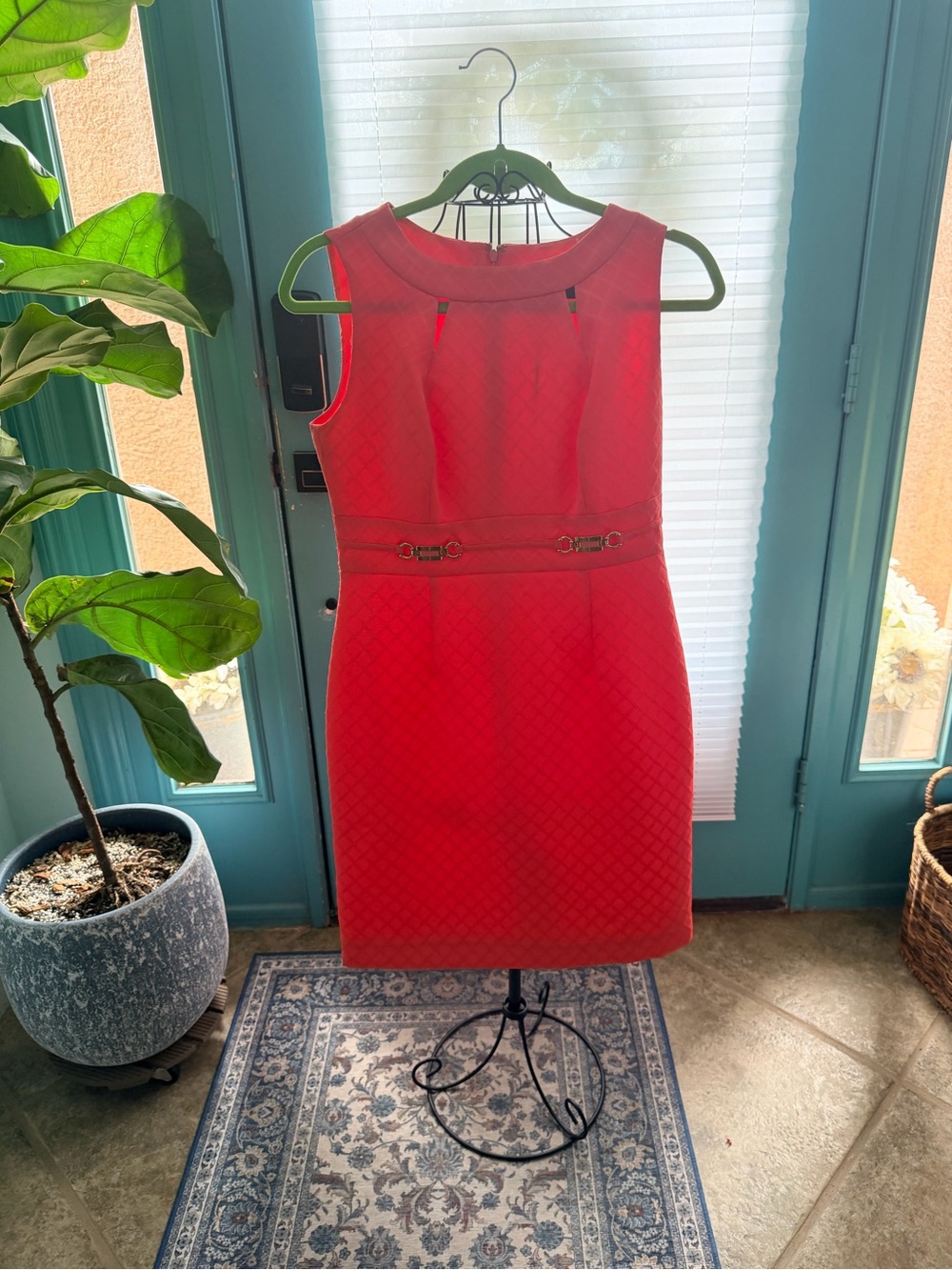 Sleeveless Coral Quilted Sheath Dress with Decorative Waist Accents